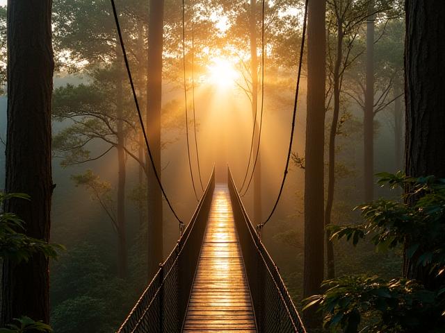 日の出の光が差し込むキャノピーウォークウェイ