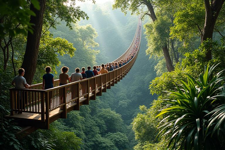 木々の天蓋の上の熱帯雨林のキャノピーウォーク、ガイド付きツアーの参加者が熱帯植物を鑑賞